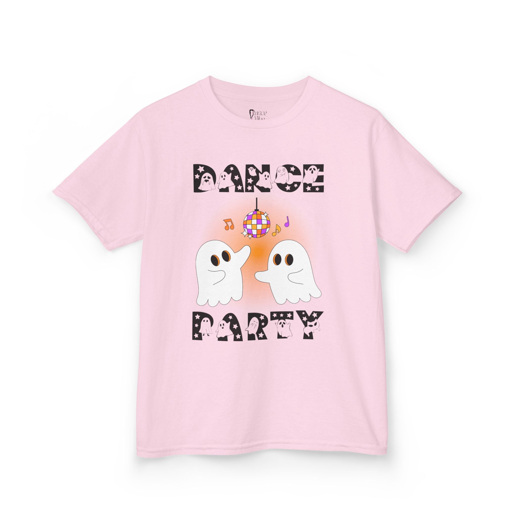 Front view of a youth Gildan 5000B heavy cotton t-shirt in light pink with a Halloween Dance Party theme