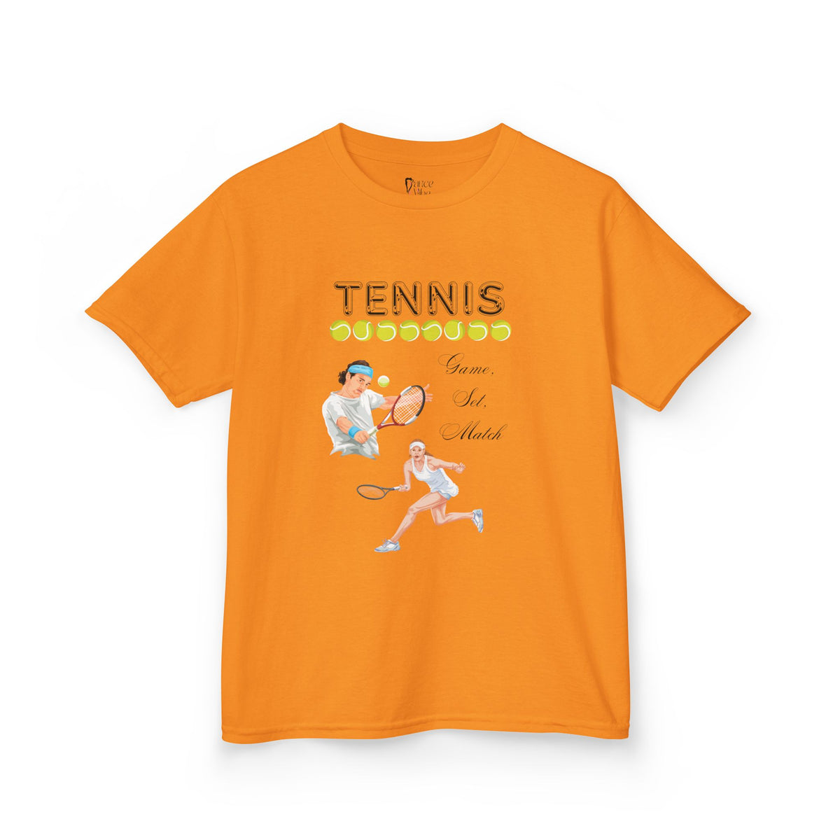 Front view of a youth Gildan 5000B heavy cotton t-shirt in tennessee orange with a Tennis text and graphic