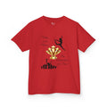 Front view of a youth Gildan 5000B heavy cotton t-shirt in red with a Dance Competition theme