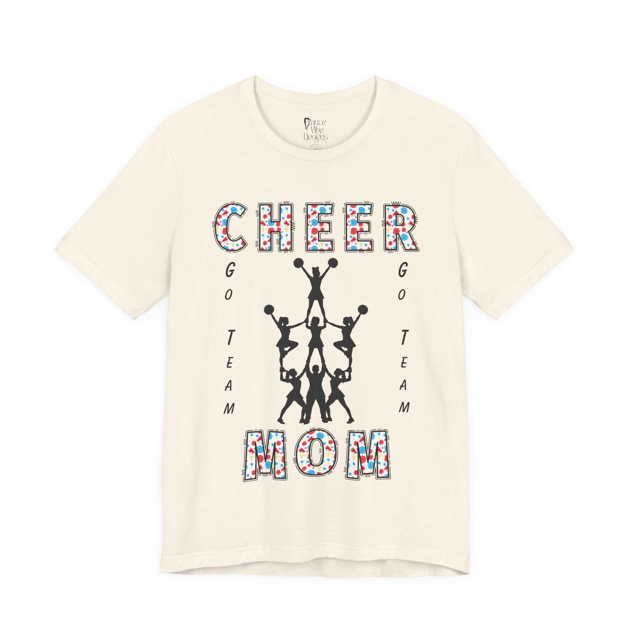 A natural short-sleeve crewneck t-shirt featuring a CHEER GO TEAM MOM graphic on the front. 