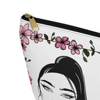 Stage Ready make up bag with floral design and face illustration on a white background black zipper close up