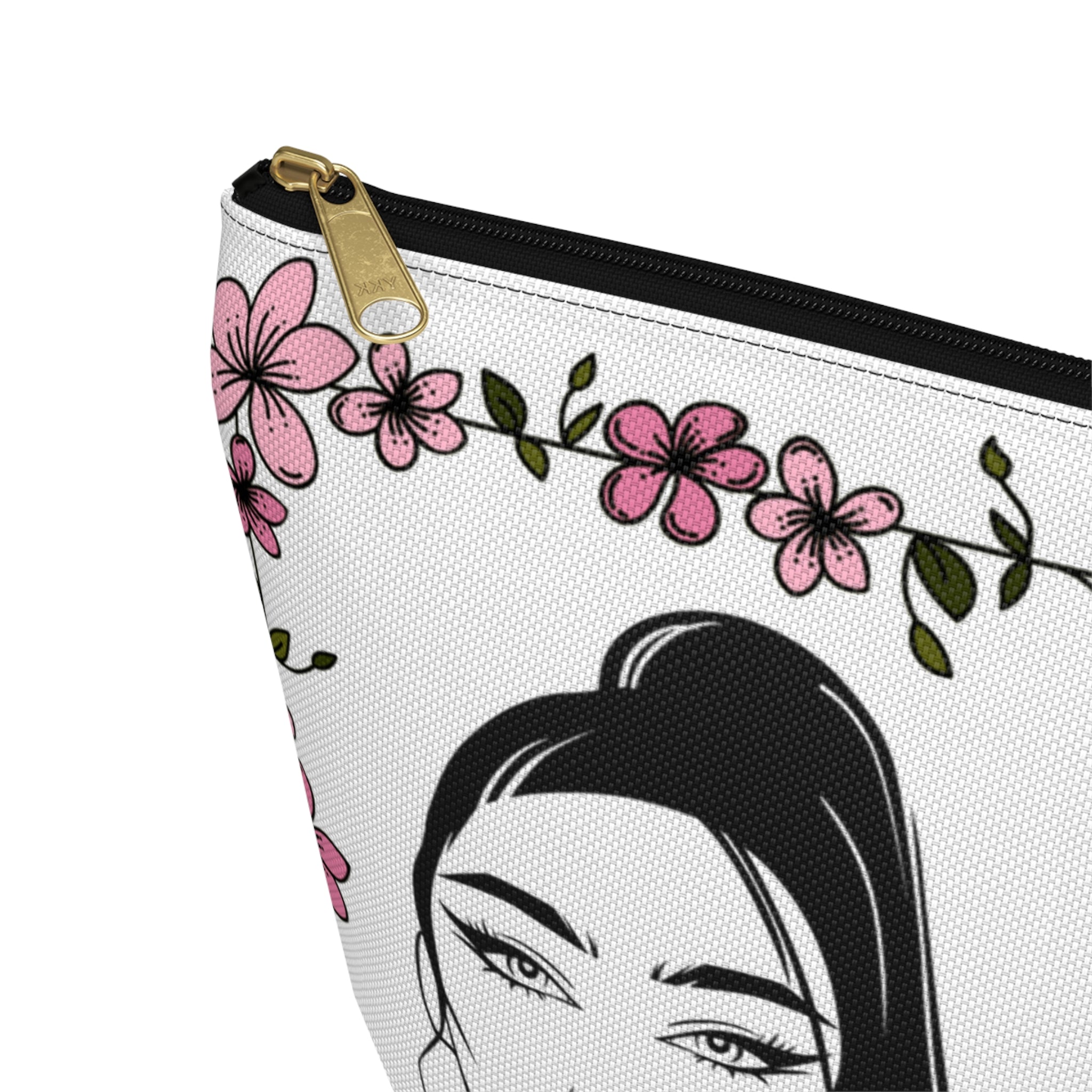 Stage Ready make up bag with floral design and face illustration on a white background black zipper close up