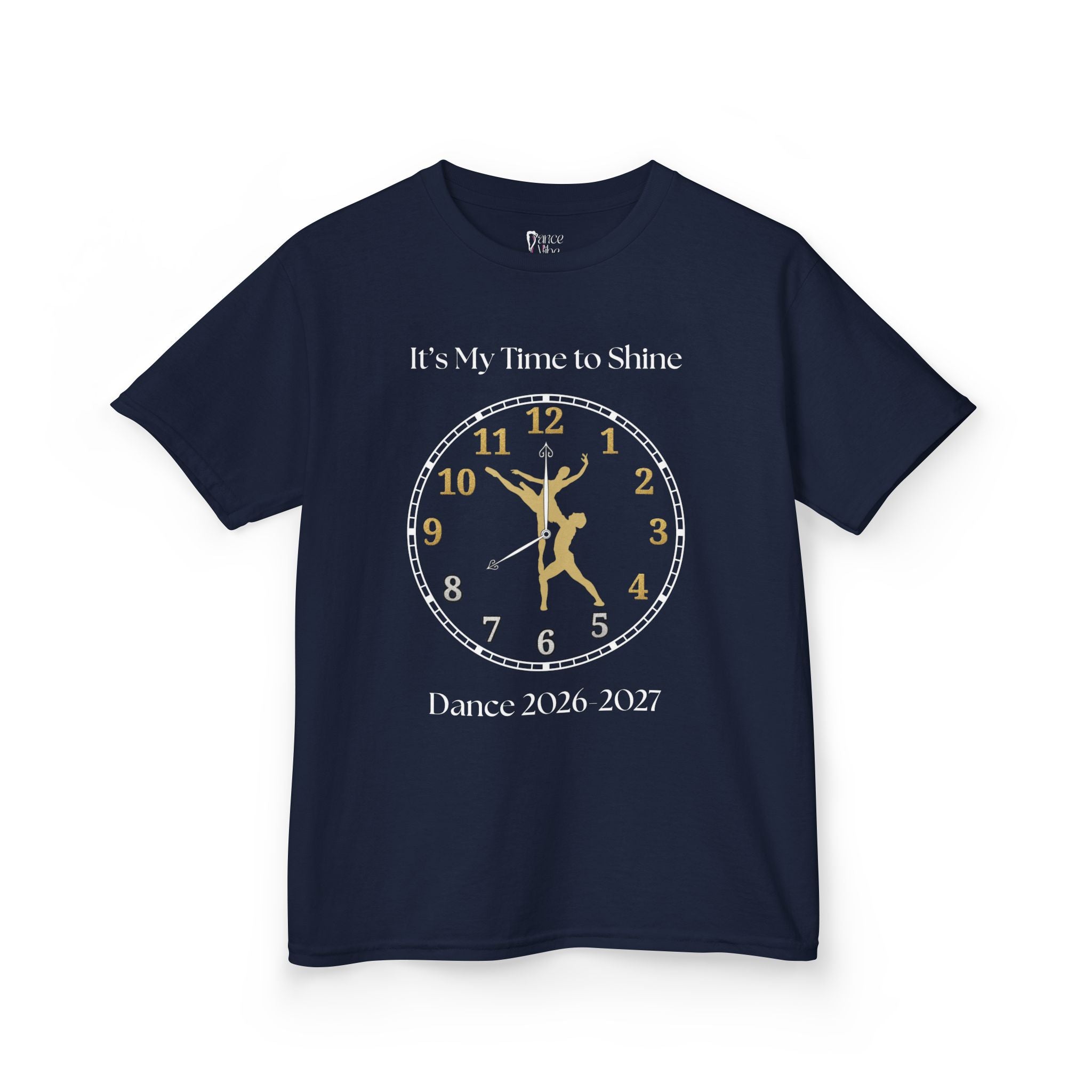 Front view of a youth Gildan 5000B heavy cotton t-shirt in navy with a Ballet Couple 2026-2027 design