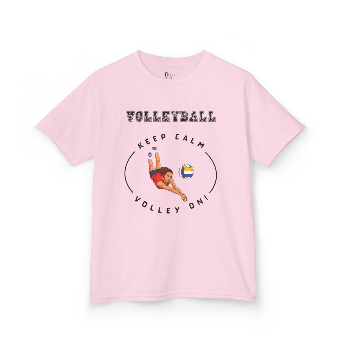 Front view of a youth Gildan 5000B heavy cotton t-shirt in light pink showing a girl playing Volleyball