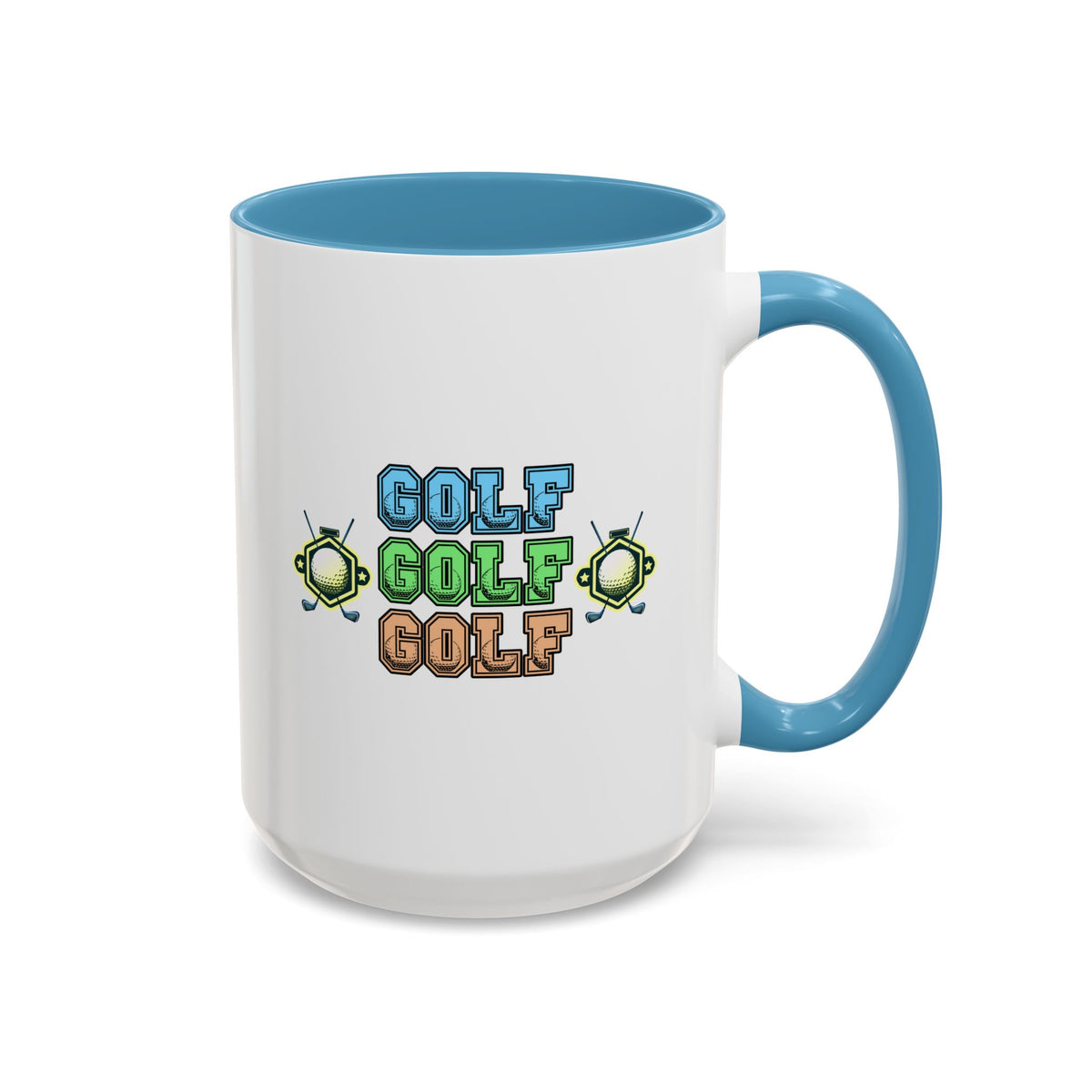 15oz white ceramic Golf mug with light blue handle and interior Right handed view