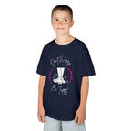 Young boy wearing a youth Gildan 5000B heavy cotton t-shirt in navy with a Don't Worry Be Tappy Tap Shoe design