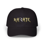 Black embroidered classic dad cap hat with a Karate text and graphic Front view