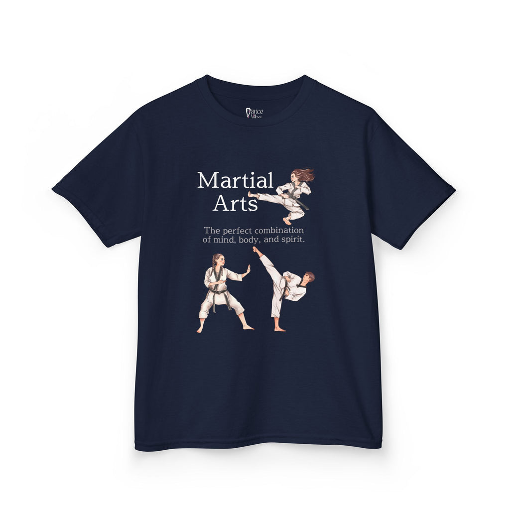 Front view of a youth Gildan 5000B heavy cotton t-shirt in navy with a Martial Arts text and graphic