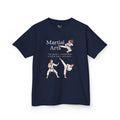 Front view of a youth Gildan 5000B heavy cotton t-shirt in navy with a Martial Arts text and graphic