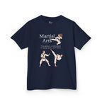 Front view of a youth Gildan 5000B heavy cotton t-shirt in navy with a Martial Arts text and graphic