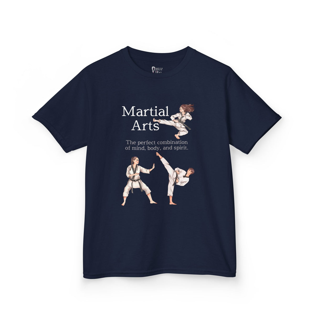 Front view of a youth Gildan 5000B heavy cotton t-shirt in navy with a Martial Arts text and graphic