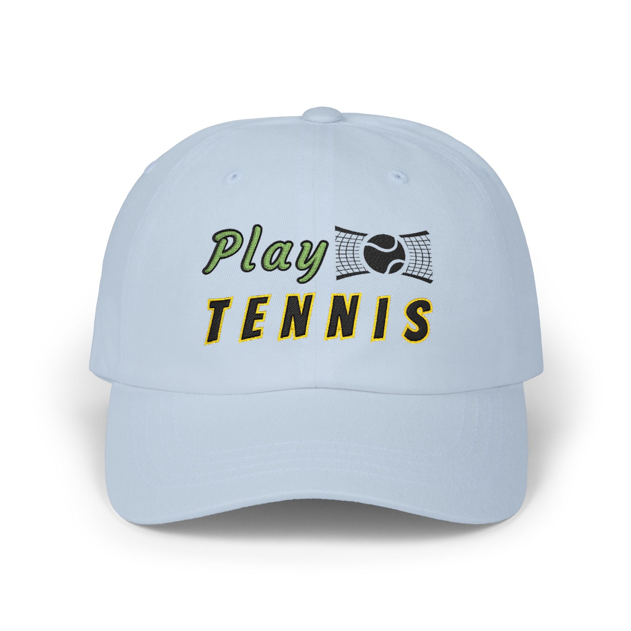 Light blue embroidered classic dad cap hat with a Play Tennis text and graphic Front view