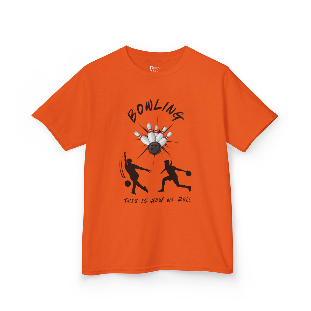 Front view of youth Gildan 5000B heavy cotton t-shirt in orange with a Bowling text and graphic