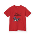 Front view of a youth Gildan 5000B heavy cotton t-shirt in red with a Boys Lacrosse design