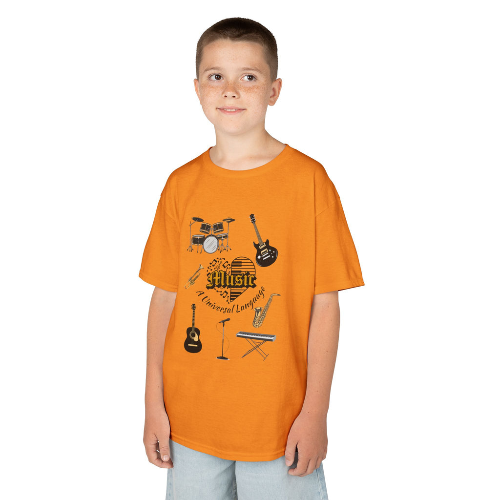 Young boy wearing a youth Gildan 5000B heavy cotton t-shirt in tennessee orange with a Music A Universal Language theme