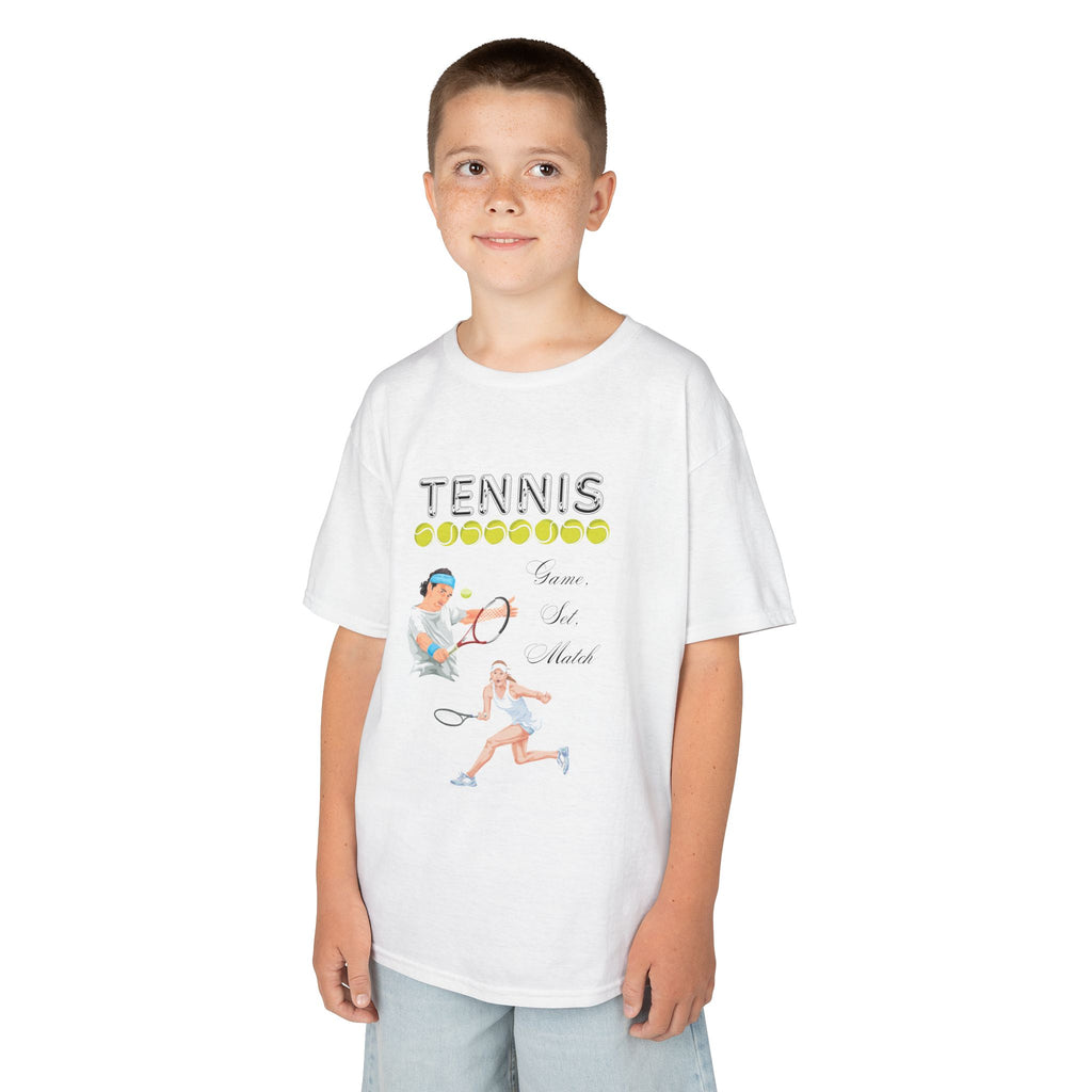 Young boy wearing a youth Gildan 5000B heavy cotton t-shirt in white with a Tennis text and graphic