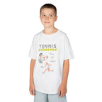 Young boy wearing a youth Gildan 5000B heavy cotton t-shirt in white with a Tennis text and graphic