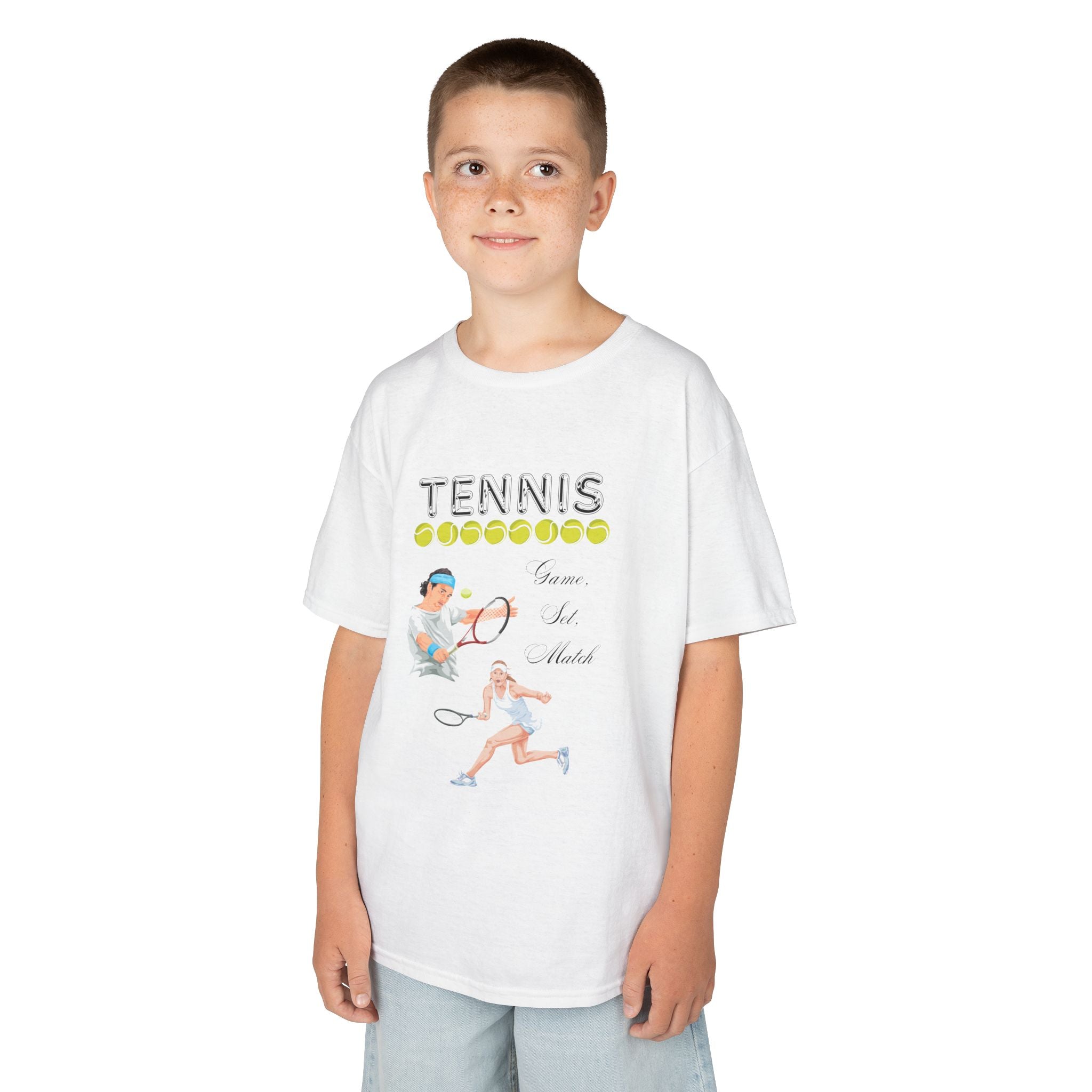 Young boy wearing a youth Gildan 5000B heavy cotton t-shirt in white with a Tennis text and graphic