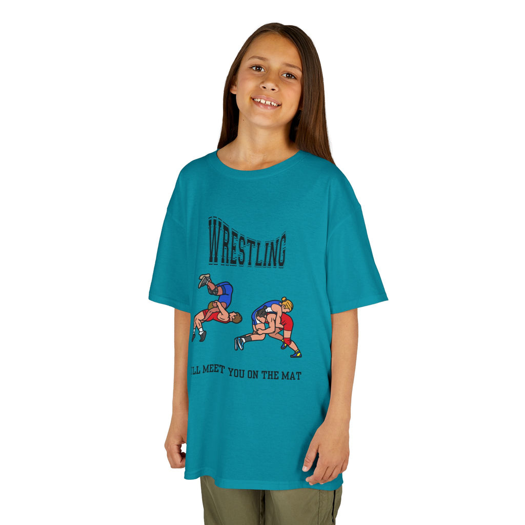 Young girl wearing a youth Gildan 5000B heavy cotton t-shirt in tropical blue with a Wrestling text and graphic