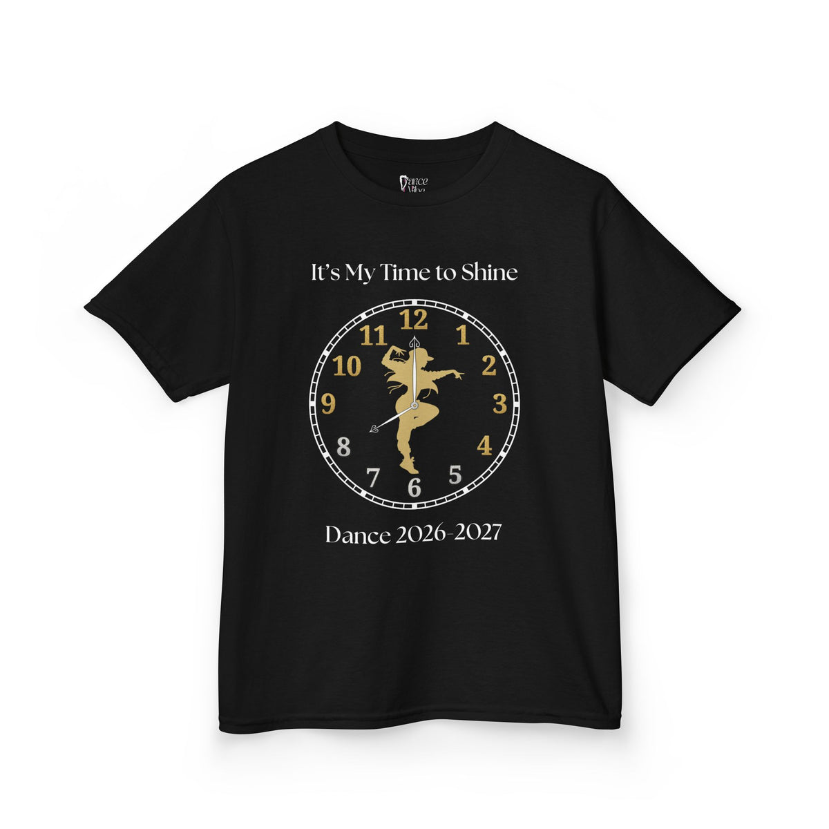 Front view of a youth Gildan 5000B heavy cotton t-shirt in black with an It's My Time to Shine Jazz Dance 2026-2027 theme