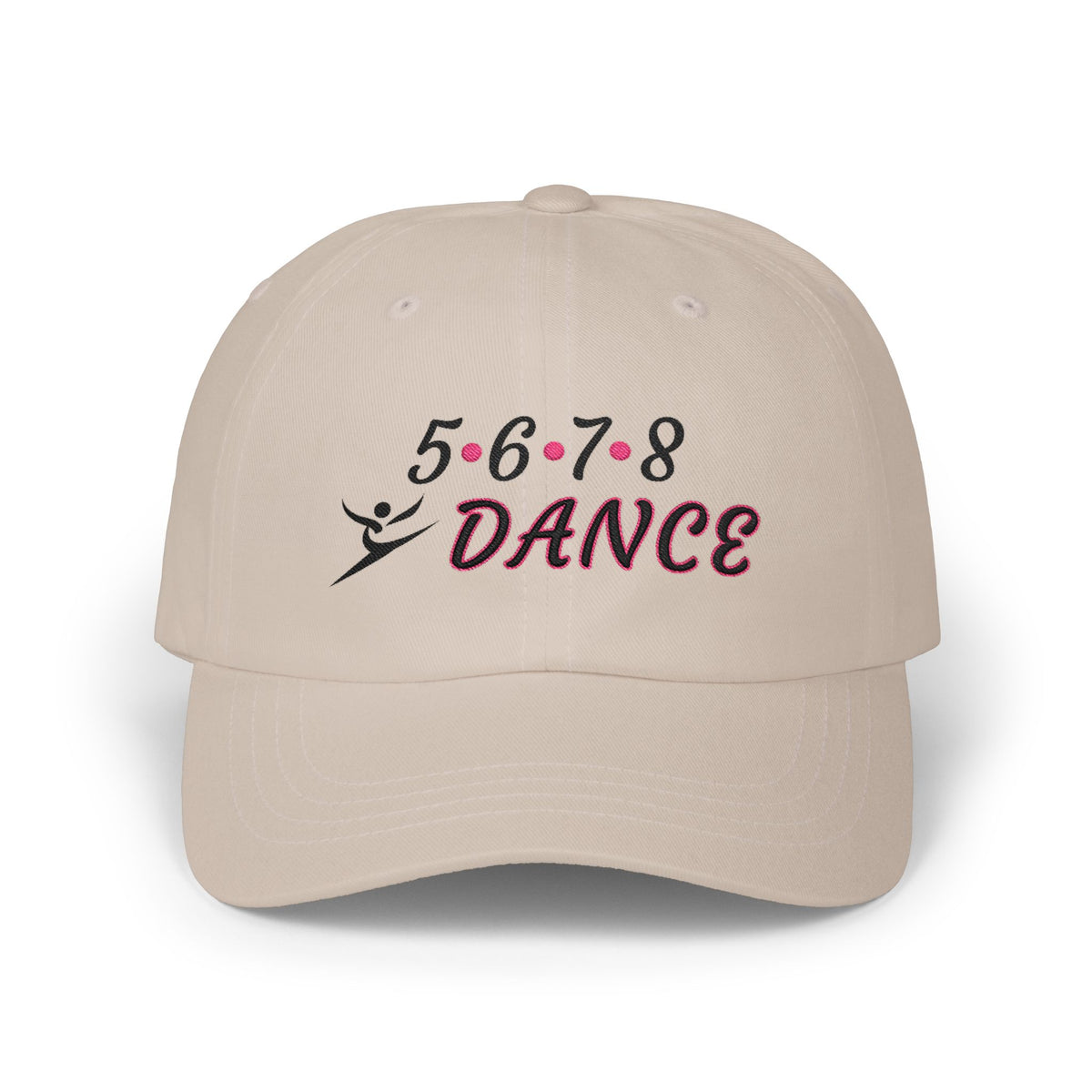 Stone embroidered classic dad cap hat with a 5 6 7 8 Dance text and graphic Front view