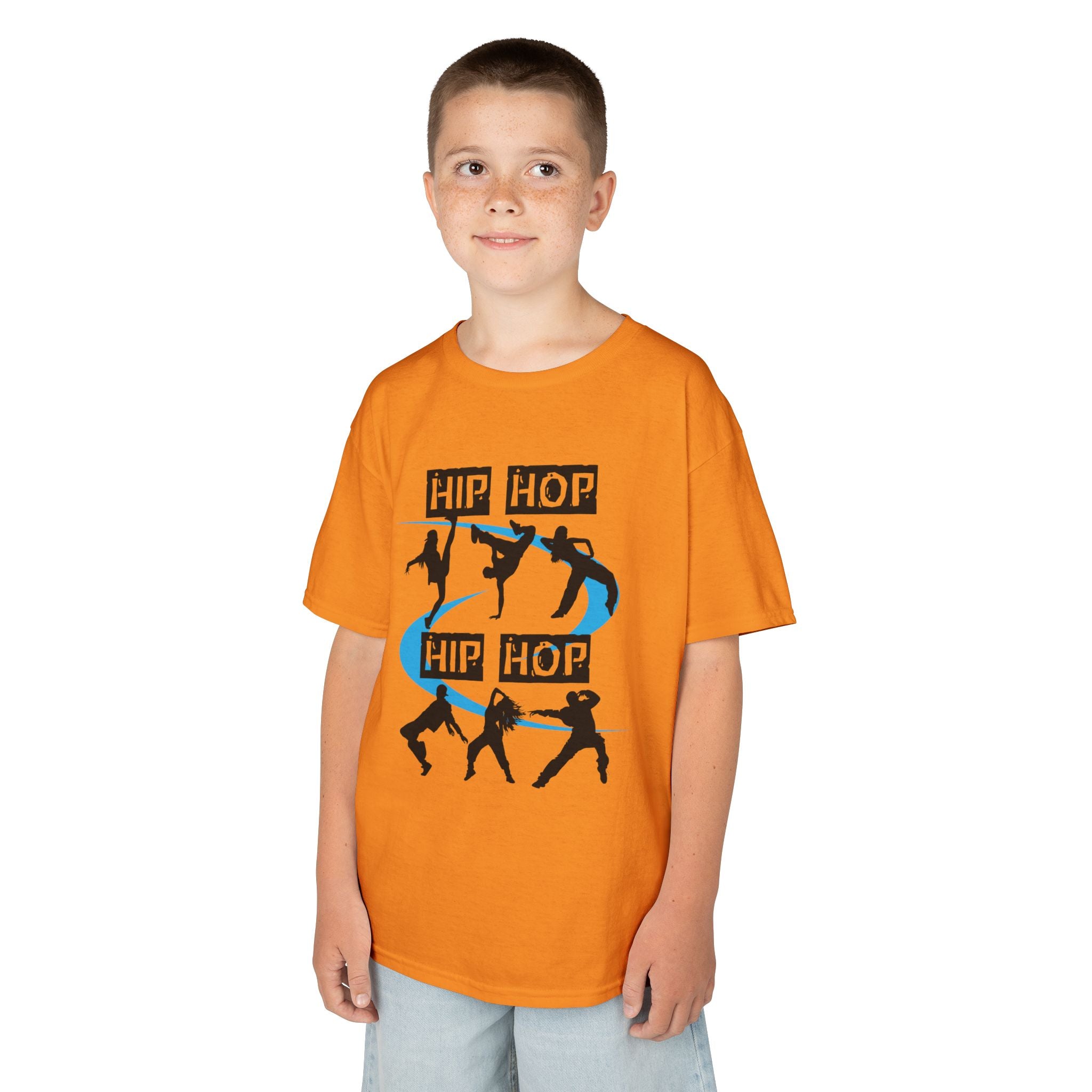 Young boy wearing a youth Gildan 5000B heavy cotton t-shirt in tennessee orange with a Hip Hop text and dancers