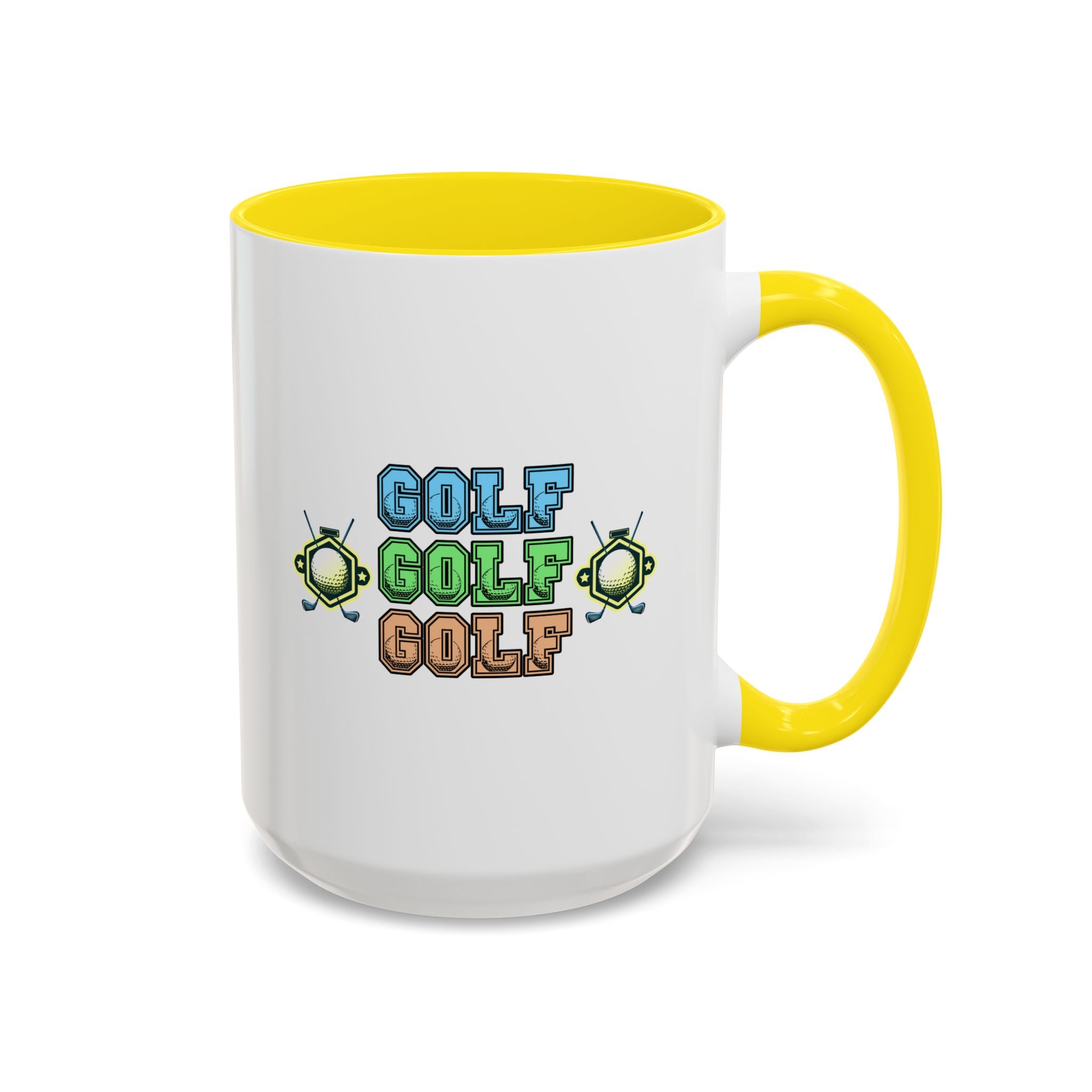 15oz white ceramic Golf mug with yellow handle and interior Right handed view