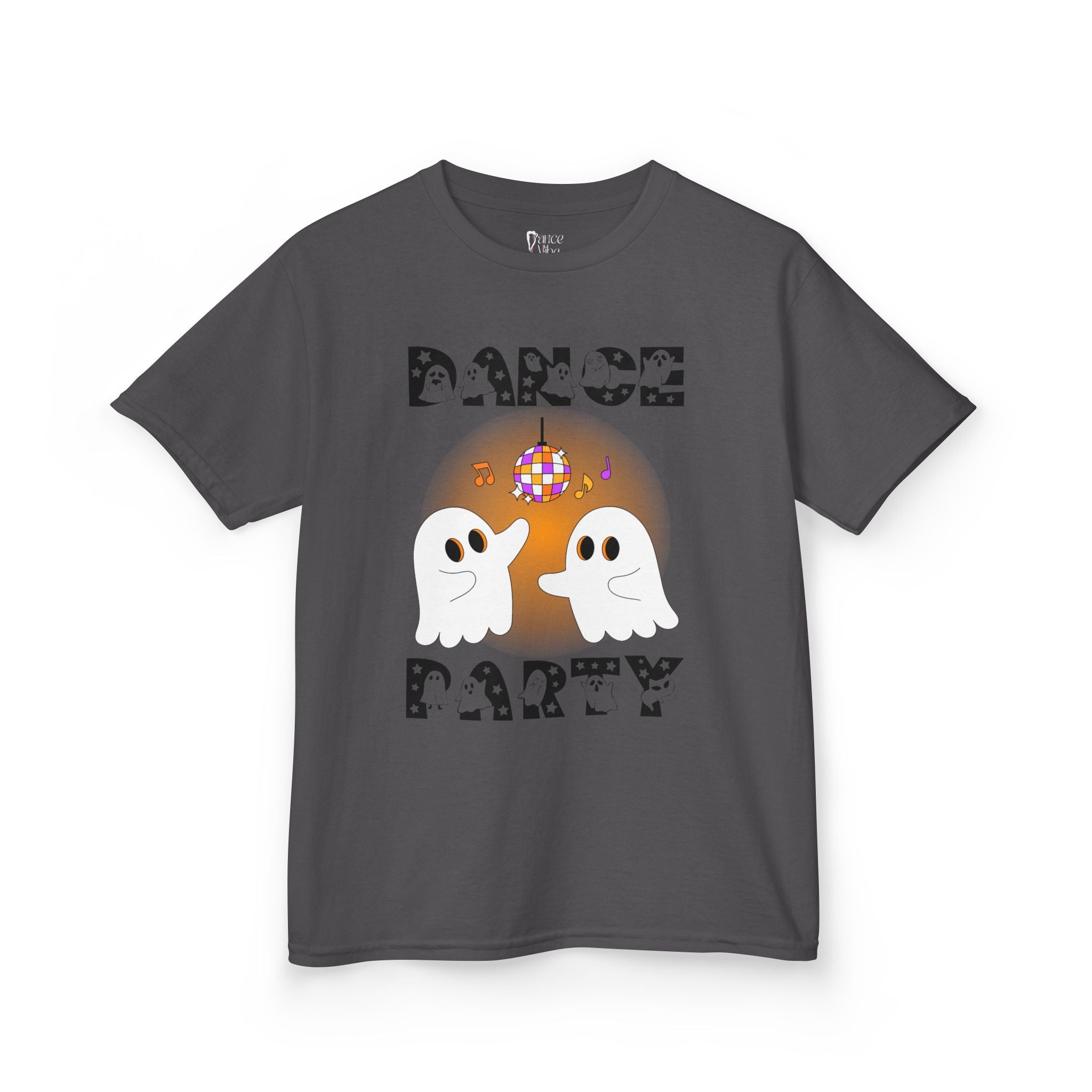 Front view of a youth Gildan 5000B heavy cotton t-shirt in charcoal with a Halloween Dance Party theme