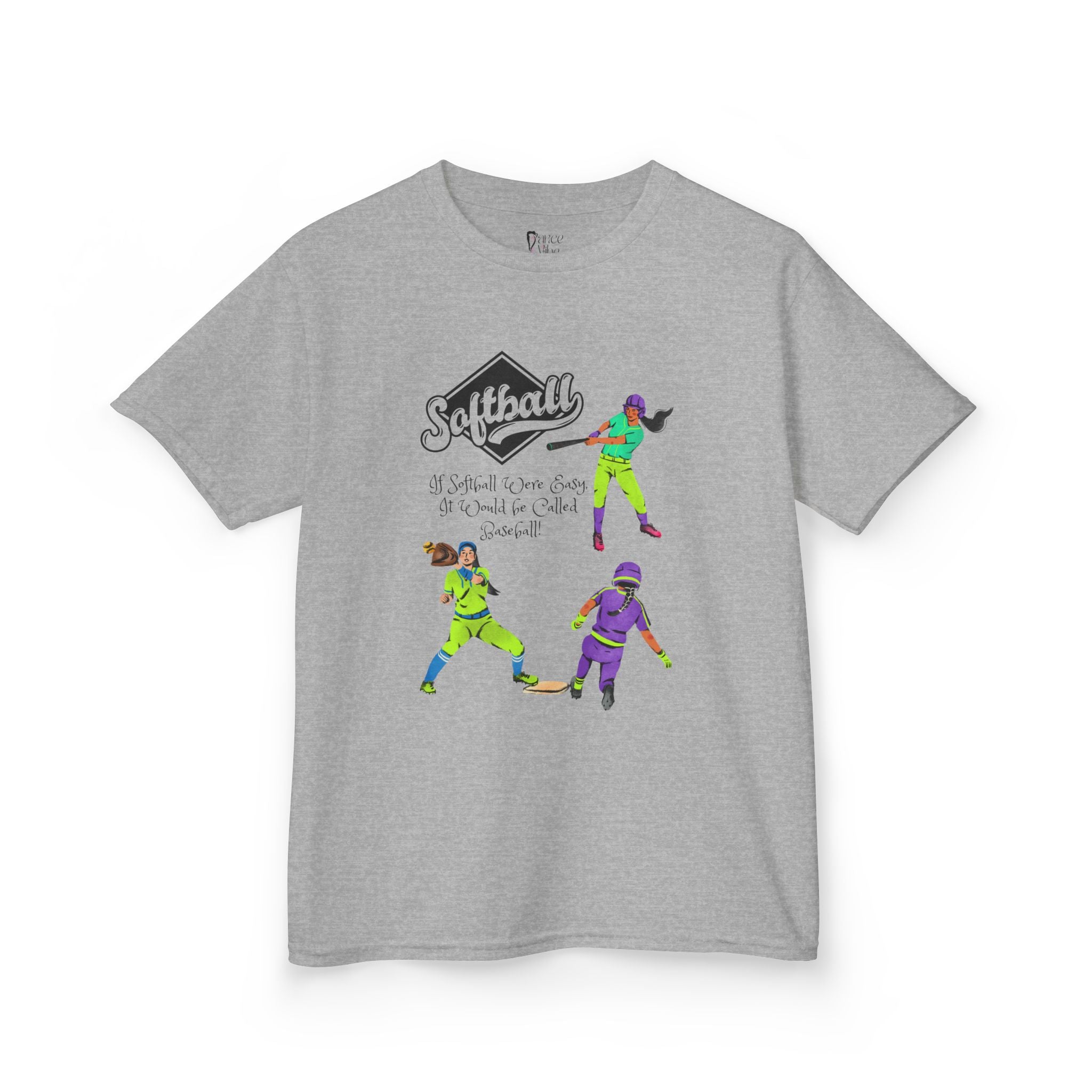 Front view of a youth Gildan 5000B heavy cotton t-shirt in sport grey with a Softball text and graphic