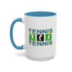 15oz white ceramic Tennis mug with light blue handle and interior Left handed view