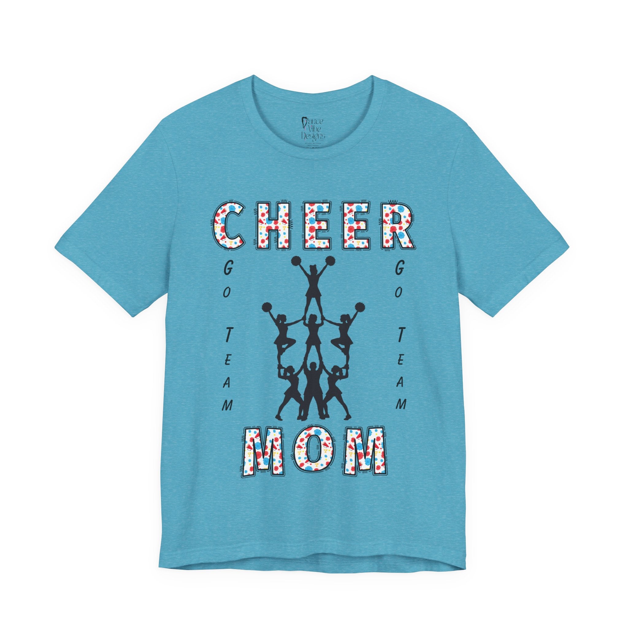 A heather aqua short-sleeve crewneck t-shirt featuring a CHEER GO TEAM MOM graphic on the front. 