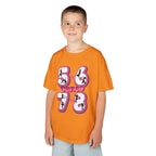 Young boy wearing a Gildan 5000B heavy cotton t-shirt in tennessee orange with a 5678 Dance text and graphic