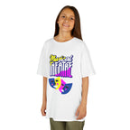 Young girl wearing a youth Gildan 5000B heavy cotton t-shirt in white with a Musical Theater rainbow mask graphic
