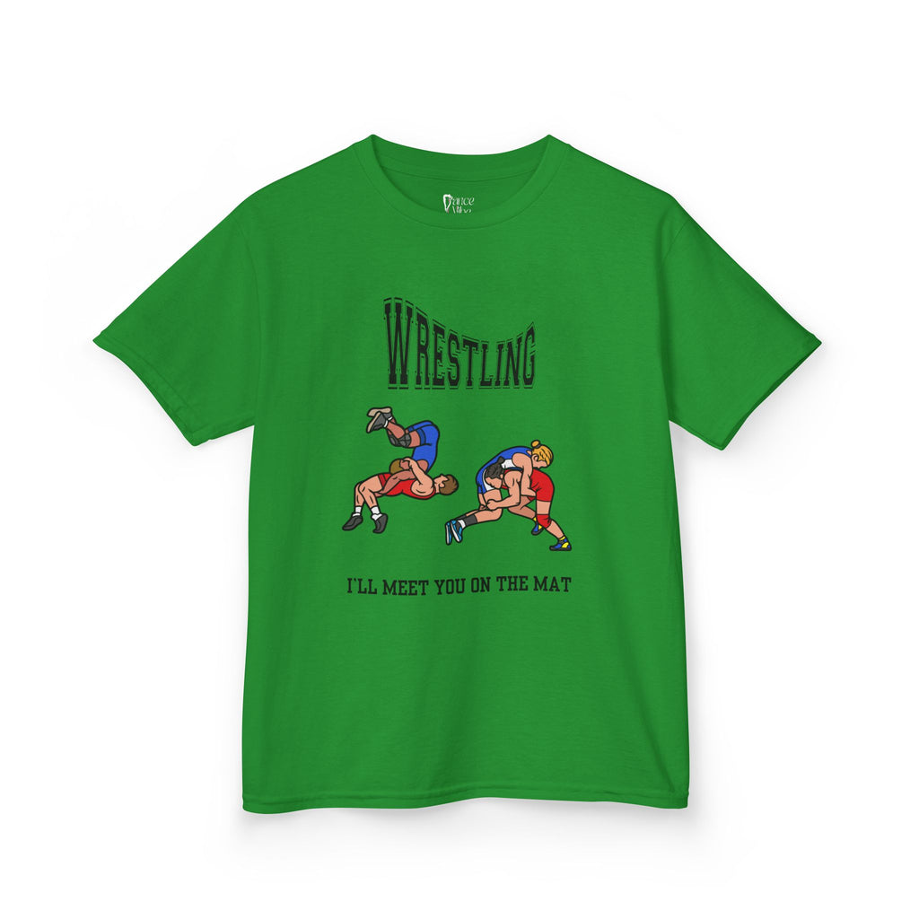 Front view of a youth Gildan 5000B heavy cotton t-shirt in irish green with a Wrestling text and graphic