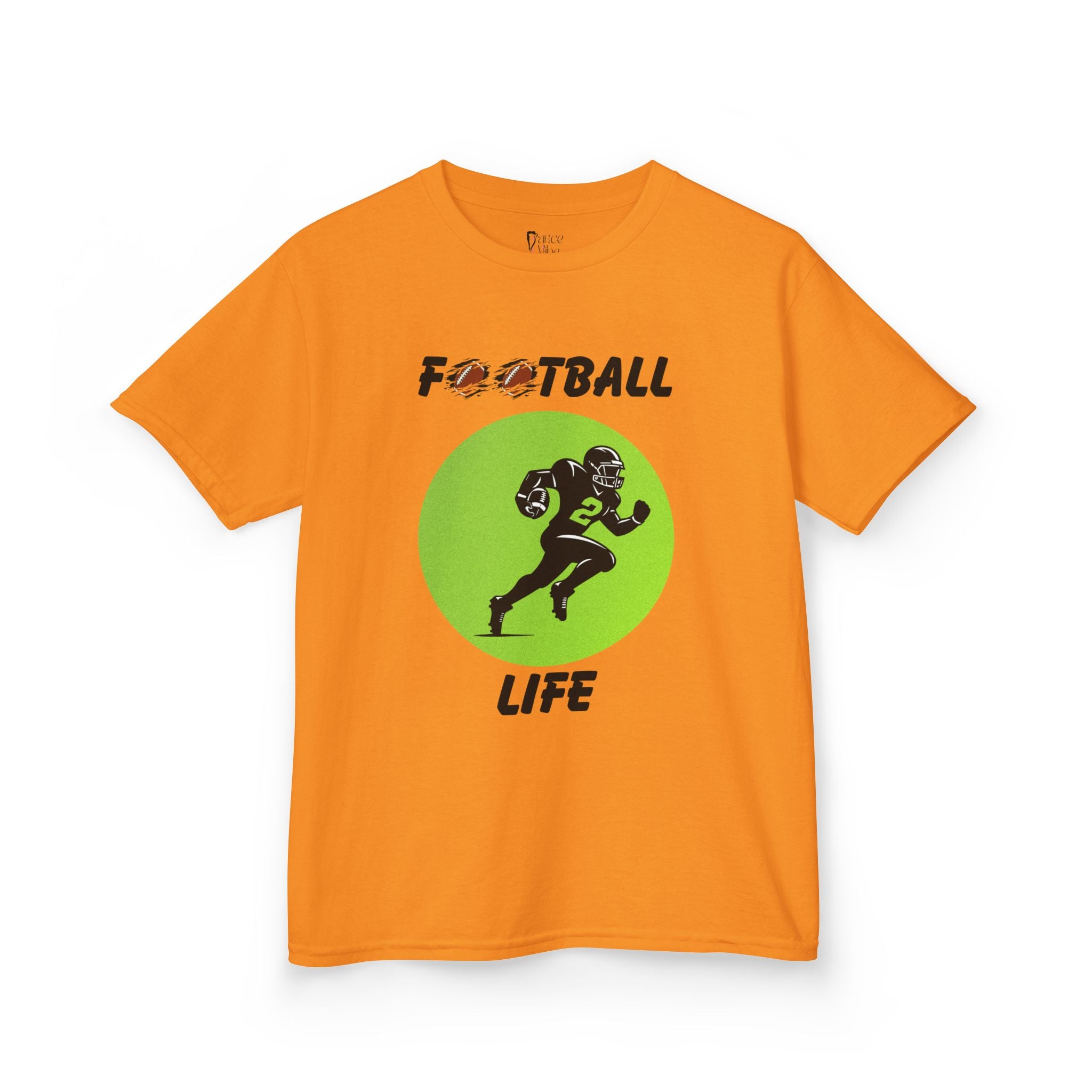 Front view of a youth Gildan 5000B heavy cotton t-shirt in tennessee orange with a Football Life text and graphic