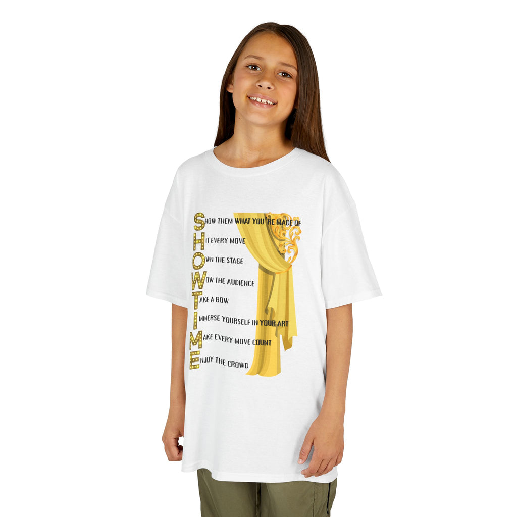 Young girl wearing a youth Gildan 5000B heavy cotton t-shirt in white with a Showtime text and graphic 