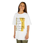 Young girl wearing a youth Gildan 5000B heavy cotton t-shirt in white with a Showtime text and graphic 