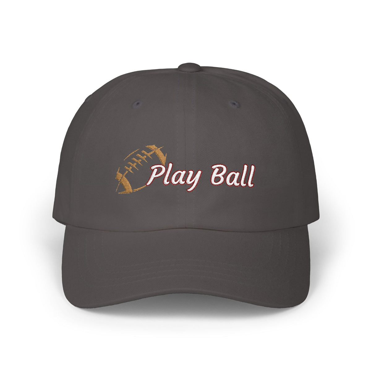 Dark Grey classic cap with an embroidered football and text that says Play Ball.