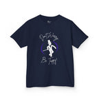 Front view of a youth Gildan 5000B heavy cotton t-shirt in navy with a Don't Worry Be Tappy Tap theme