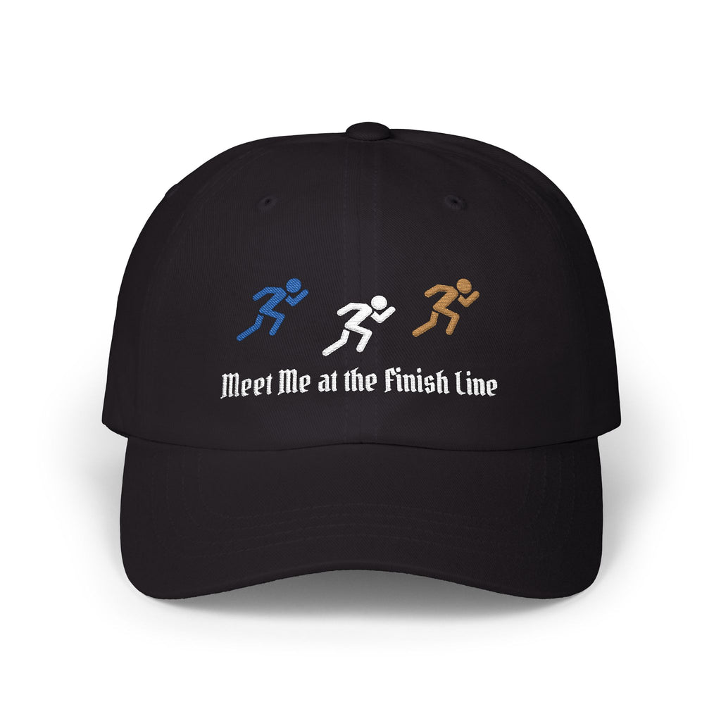 Black embroidered classic dad cap hat with a Meet Me at the Finish Line text and graphic Front view