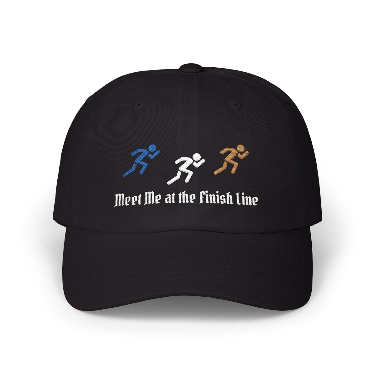 Black embroidered classic dad cap hat with a Meet Me at the Finish Line text and graphic Front view