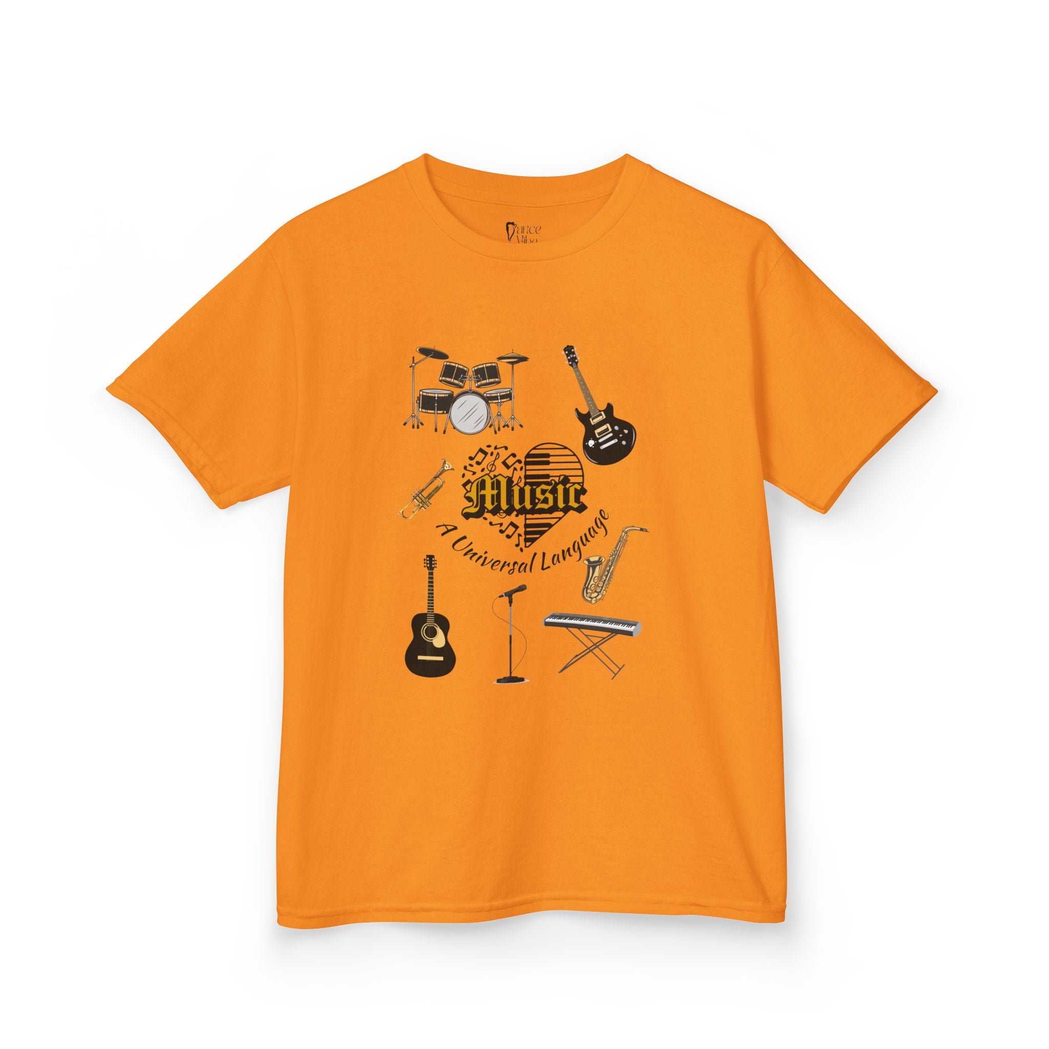 Front view of a youth Gildan 5000B heavy cotton t-shirt in tennessee orange with a Music A Universal Language theme