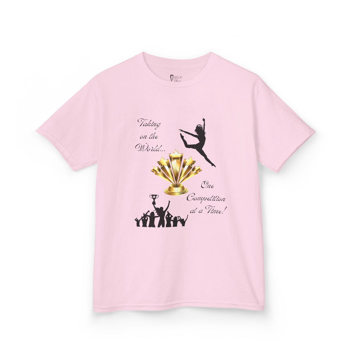 Front view of a youth Gildan 5000B heavy cotton t-shirt in pink with a Dance Competition theme
