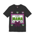 A dark grey t-shirt featuring a colorful Beetlejuice inspired Halloween-themed graphic with MAMA on the front.