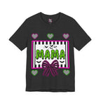 A dark grey t-shirt featuring a colorful Beetlejuice inspired Halloween-themed graphic with MAMA on the front.