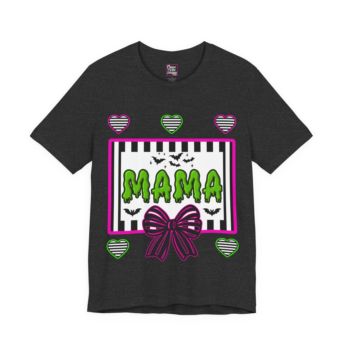 A dark grey t-shirt featuring a colorful Beetlejuice inspired Halloween-themed graphic with MAMA on the front.