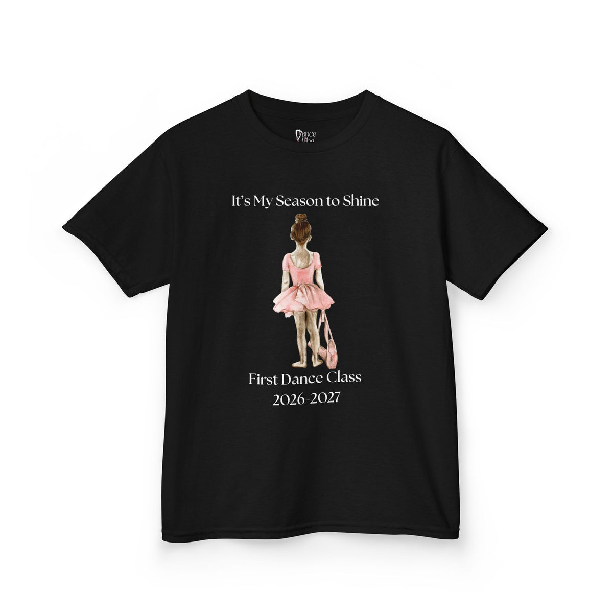 Front view of a youth Gildan 5000B heavy cotton t-shirt in black with a First Dance Class theme