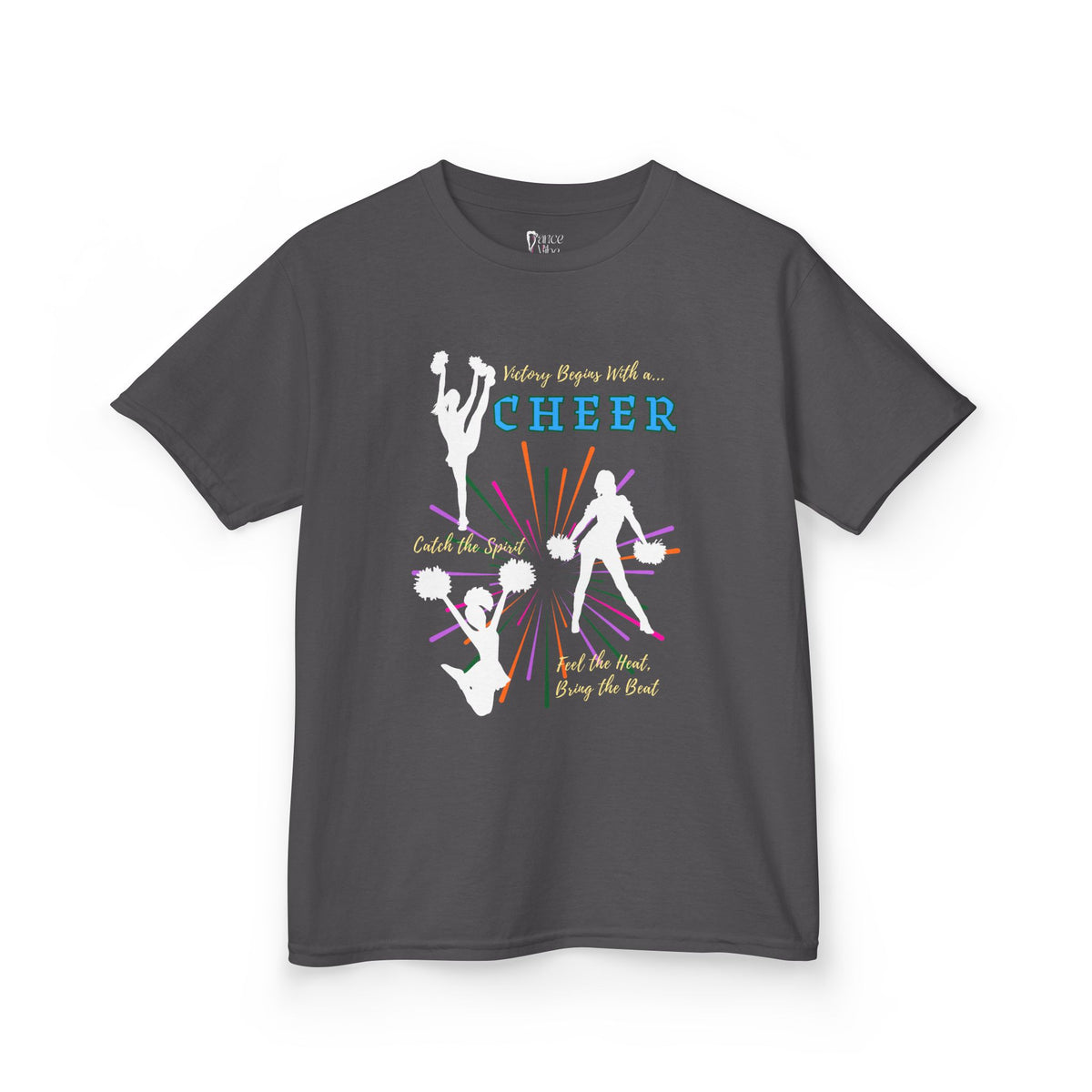 Front view of a youth Gildan 5000B heavy cotton t-shirt in charcoal with a Cheer Team design