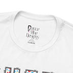 Close-up of a t-shirt's inner neck label with the brand Dance Vibe Designs printed above the care instructions.
