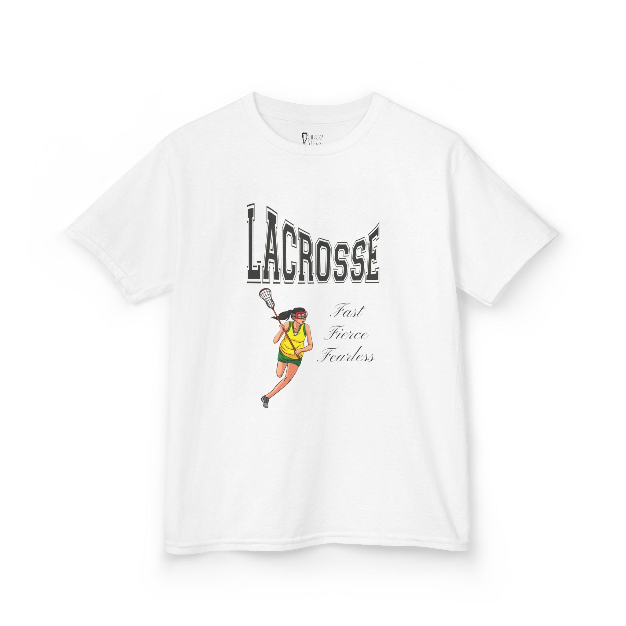 Front view of a youth Gildan 5000B heavy cotton t-shirt in white with a Girls Lacrosse theme